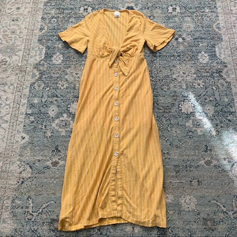 MPC yellow stripe front tie midi dress